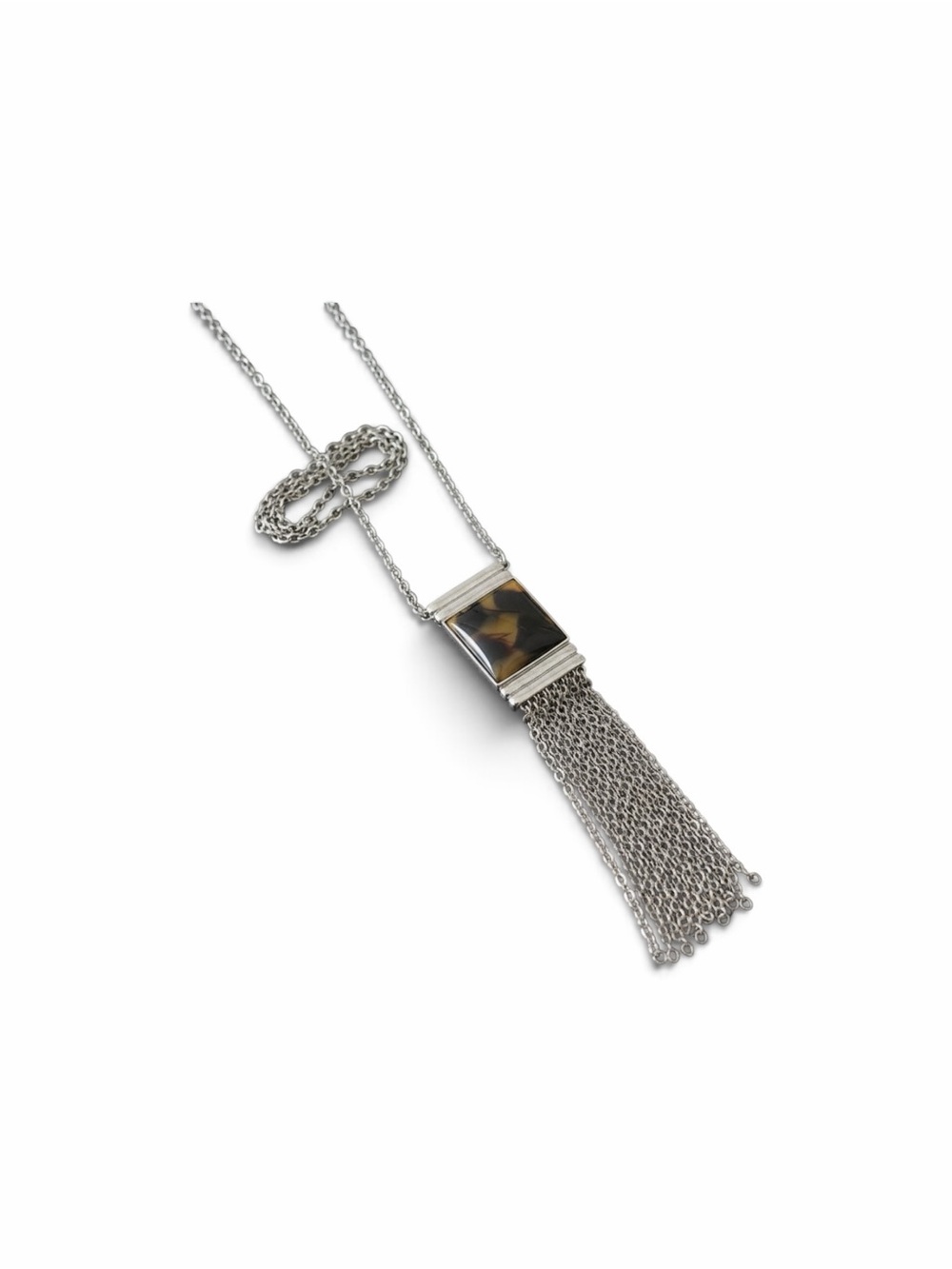 Silver Chain Necklace with Blue Rectangular Pendant and Fringe - Picture 3 of 4
